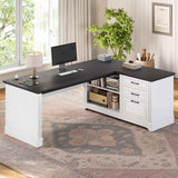 SEDETA 61 Inch Farmhouse  Executive L Shaped Desk with File Drawers Power Outlets Storage Shelves for Home Office