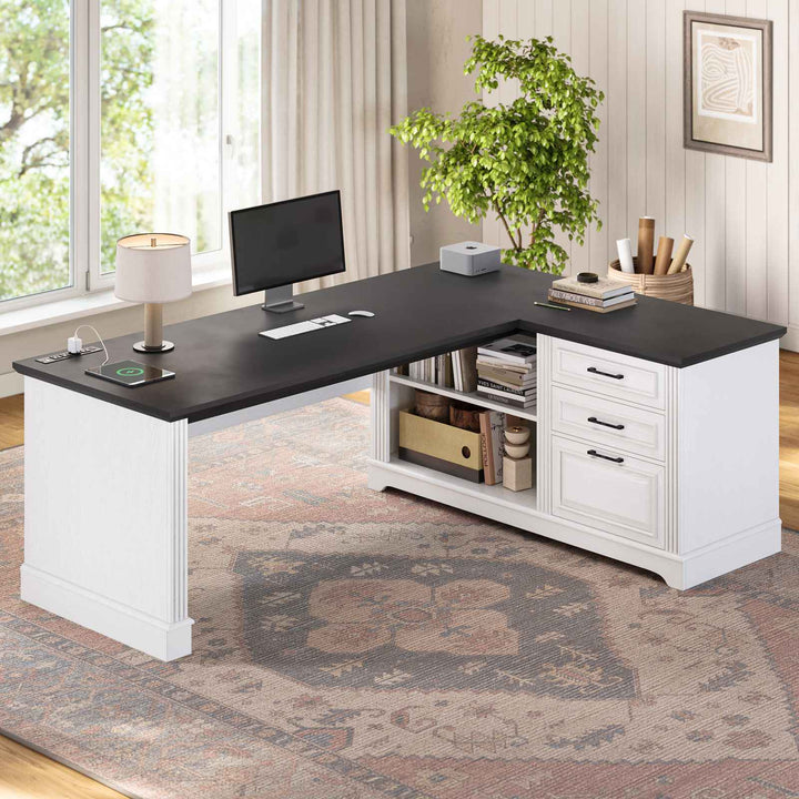 SEDETA® 61 Inch L Shaped Farmhouse Executive Computer Desk with Power Outlets File Drawers and Storage Shelves