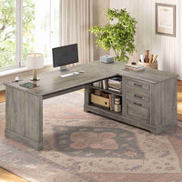 SEDETA 61 Inch Farmhouse  Executive L Shaped Desk with File Drawers Power Outlets Storage Shelves for Home Office