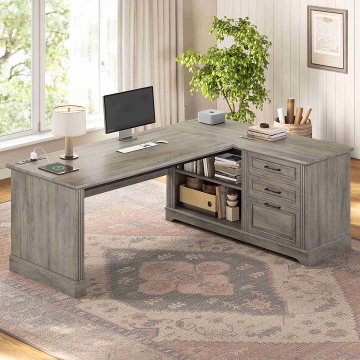 SEDETA® 61 Inch L Shaped Farmhouse Executive Computer Desk with Power Outlets File Drawers and Storage Shelves