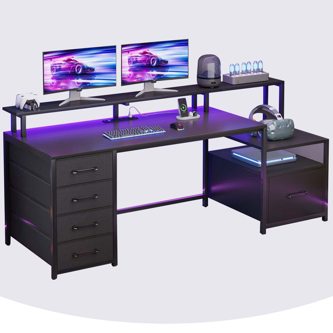 SEDETA 66 Inch LED Gaming Desk Computer Desk with 5 Drawer