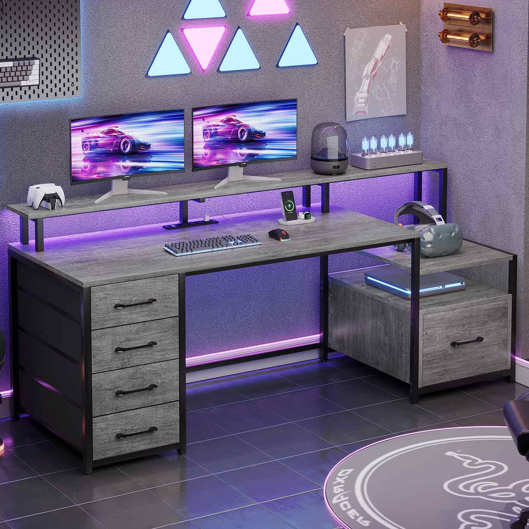 SEDETA 66 Inch LED Gaming Desk Computer Desk with 5 Drawer