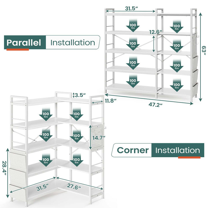 SEDETA | 5 Tier Convertible Corner Bookshelf with Storage Bag and Pegboard for Home Office