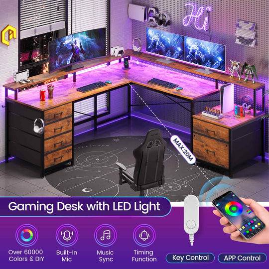 SEDETA 108 Inch L Shaped Gaming Desk Two Person Desk with File Drawer and Power Outlet