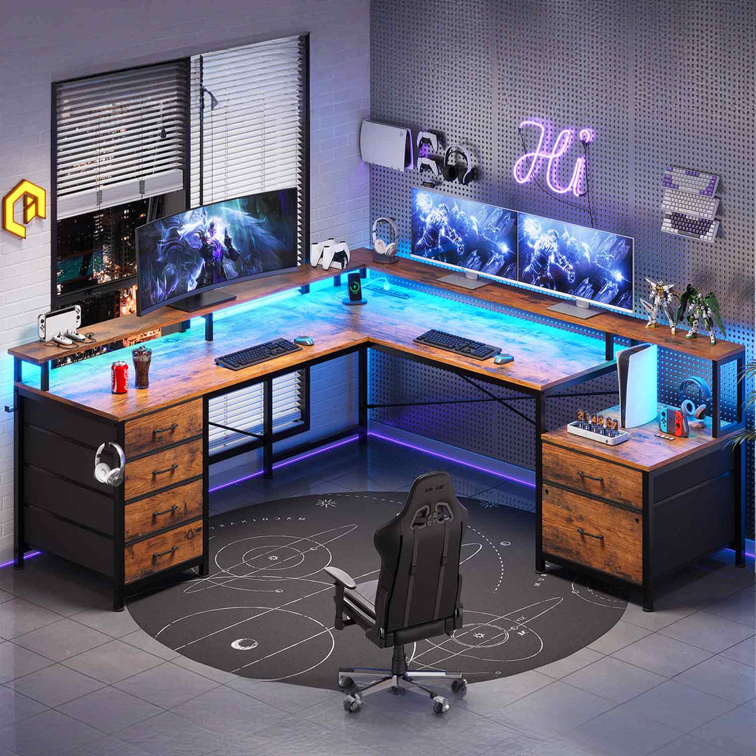 SEDETA 108 Inch L Shaped Gaming Desk Two Person Desk with File Drawer and Power Outlet