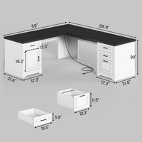 SEDETA® 69 Inch Farmhouse Executive L Shaped Desk Corner Computer Desk with Drawers and Storage Cabinet Power Outlet