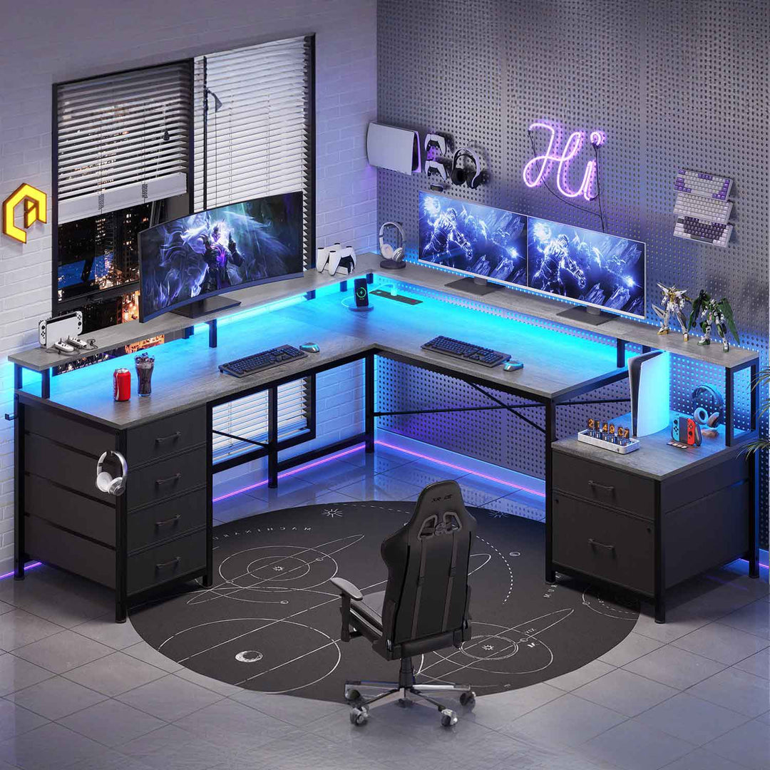 SEDETA 108 Inch L Shaped Gaming Desk Two Person Desk with File Drawer and Power Outlet