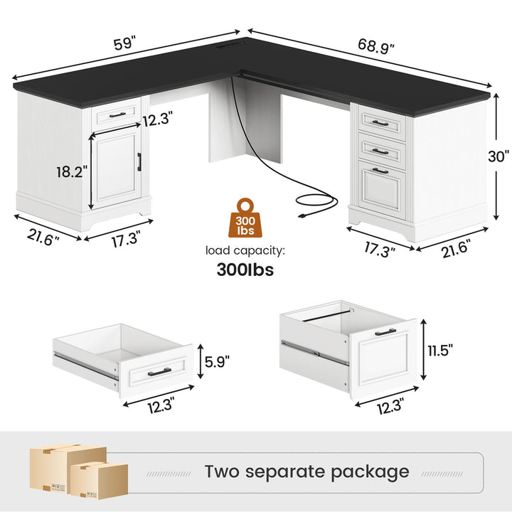 SEDETA® 69 Inch Farmhouse Executive L Shaped Desk Corner Computer Desk with Drawers and Storage Cabinet Power Outlet