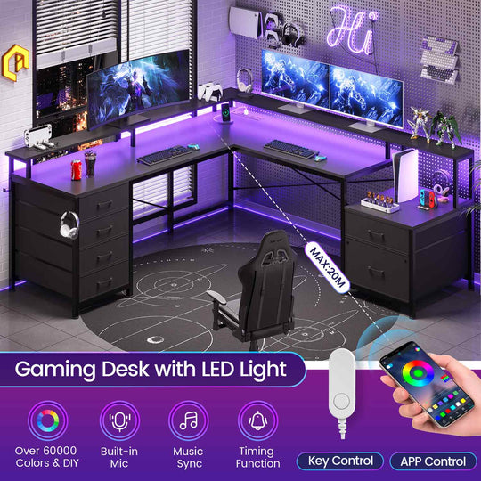 SEDETA 108 Inch L Shaped Gaming Desk Two Person Desk with File Drawer and Power Outlet