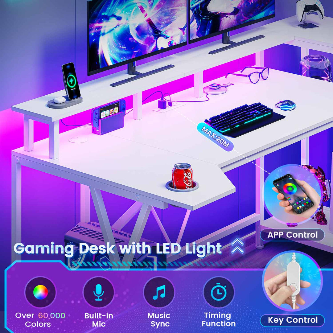 SEDETA 55 Inch Gaming Desk  with LED Lights and Storage Shelves for Bedroom and Living Room