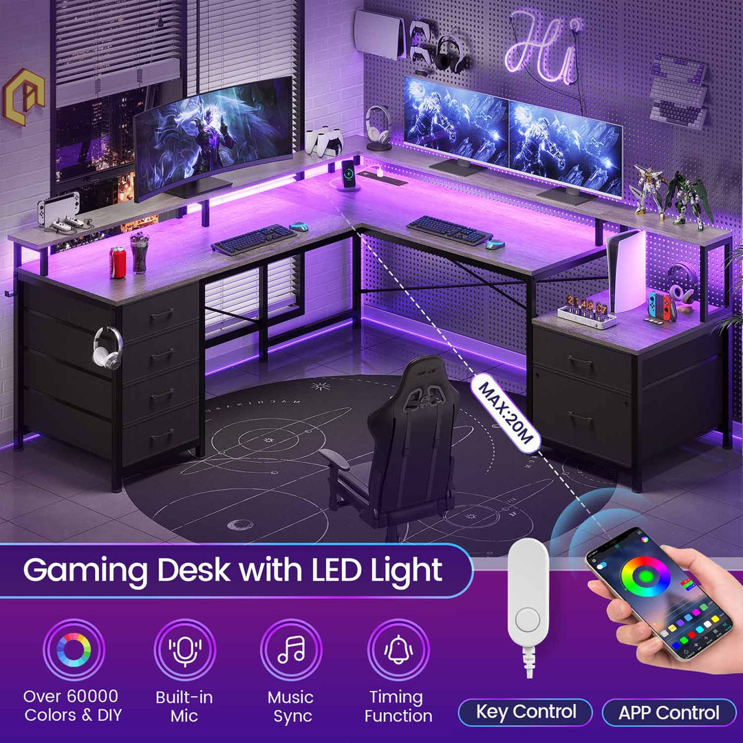 SEDETA 108 Inch L Shaped Gaming Desk Two Person Desk with File Drawer and Power Outlet