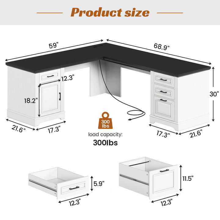 SEDETA® 69 Inch Farmhouse Executive L Shaped Desk Corner Computer Desk with Drawers and Storage Cabinet Power Outlet