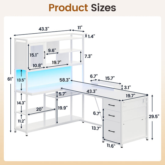 SEDETA 58 Inch L Shaped Computer Desk with Storage Shelves and LED Light for Home Office