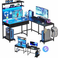 SEDETA L Shaped Gaming Desk with LED Lights Pegboard Drawers and Hutch