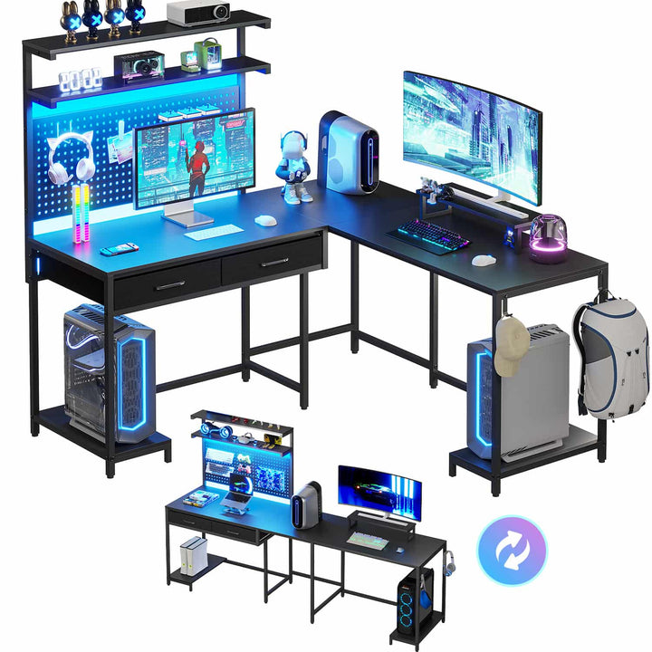 SEDETA L Shaped Gaming Desk with LED Lights Pegboard Drawers and Hutch