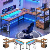 SEDETA 51 Inch L Shaped Gaming Desk with Storage Shelves Power Outlets LED Lights and Monitor Stand