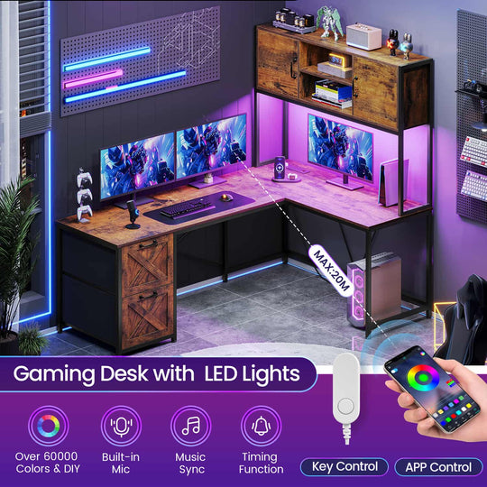 SEDETA 62.2 Inch L Shaped Gaming Desk with Drawers Fabric File Drawers and Power Outlet