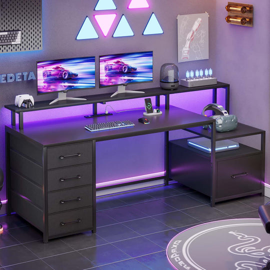 SEDETA 66 Inch LED Gaming Desk Computer Desk with 5 Drawer