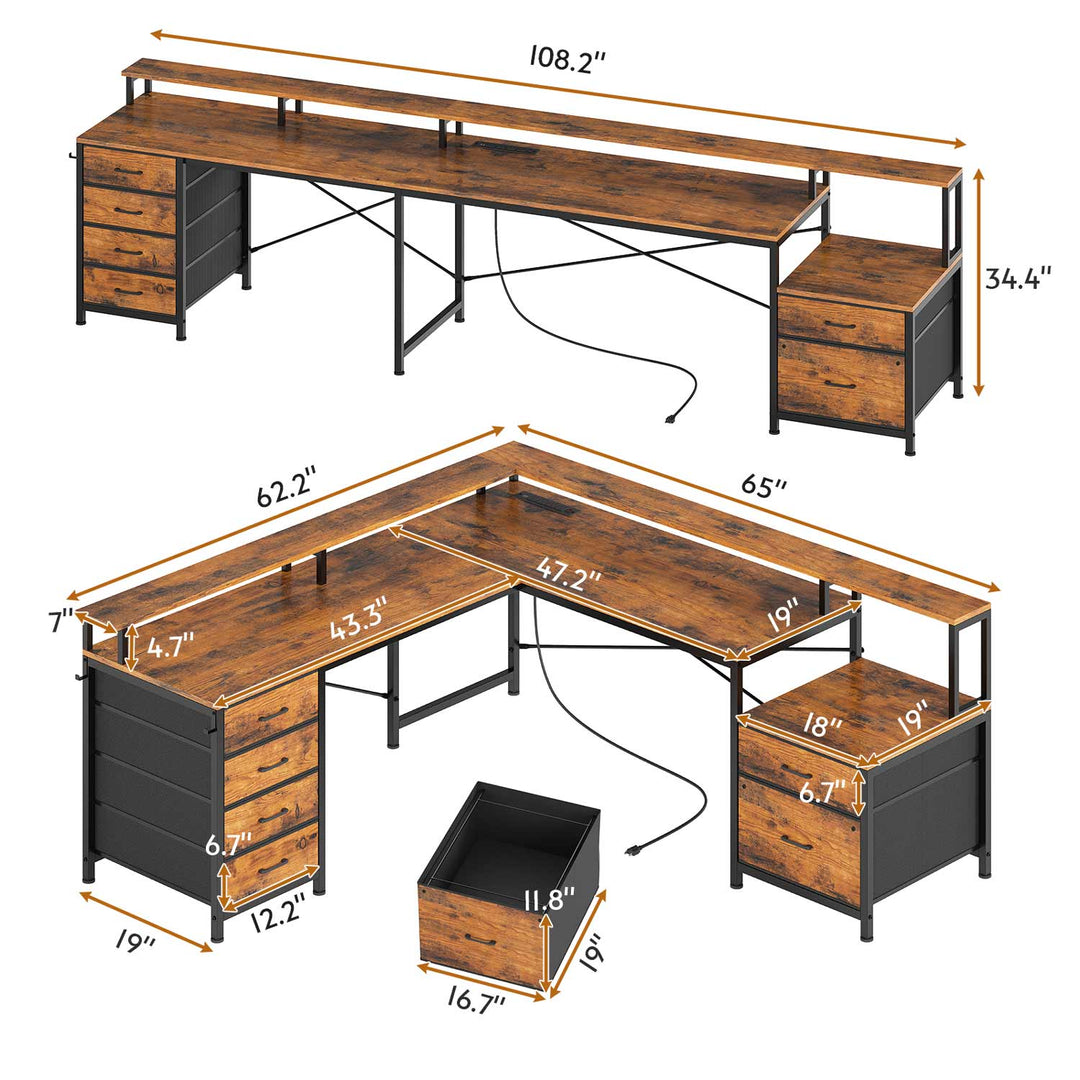 SEDETA 108 Inch L Shaped Gaming Desk Two Person Desk with File Drawer and Power Outlet