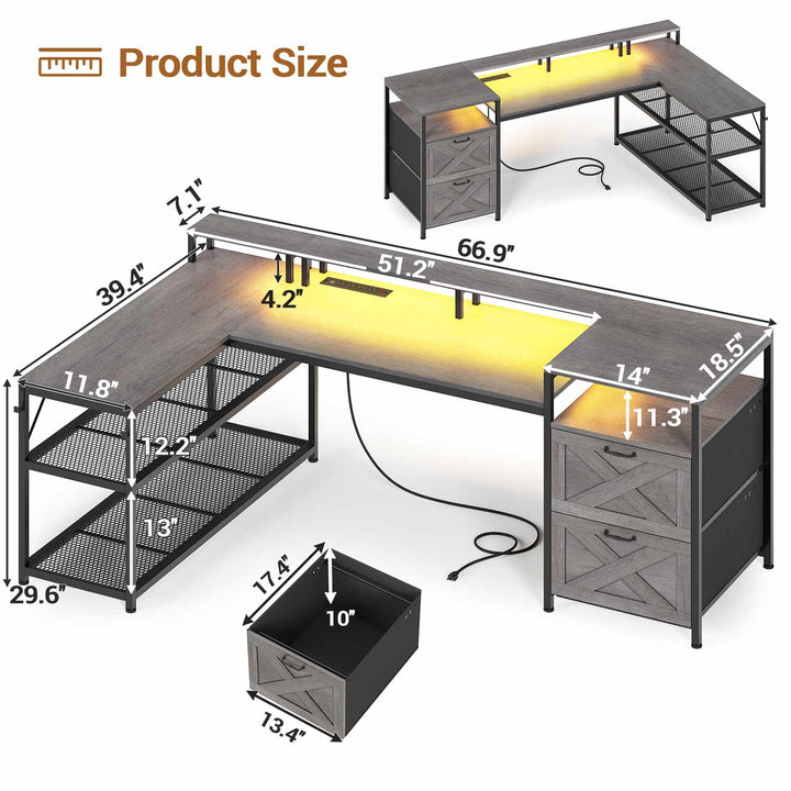 SEDETA | 67 Inch Reversible L Shaped Led Gaming Desk with Drawers for Home Office