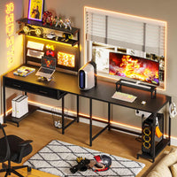 SEDETA | 89.7 Inch LED Reversible L Shaped Gaming Desk with Drawers and Storage Hutch