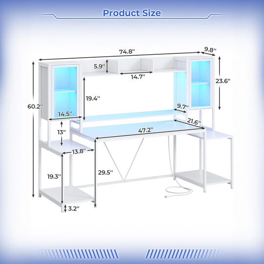 SEDETA 74.8 Inch Gaming Desk  with LED Lights Hutch and Storage Shelves