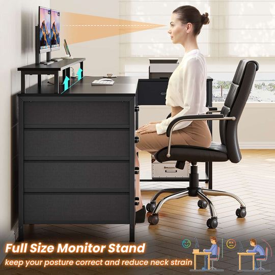 SEDETA L Shaped Gaming Desk with 5 Drawers Computer Desk with Shelves Corner Desk