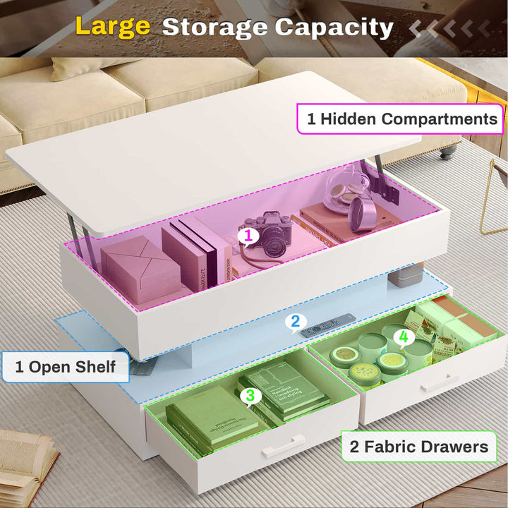 SEDETA | 40 Inch 2-in-1 Lift Top Coffee Table with Led Lights and Storage Drawers for Living Room