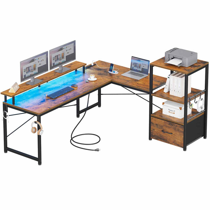 SEDETA 51 Inch L Shaped Gaming Desk with Storage Shelves Power Outlets LED Lights and Monitor Stand