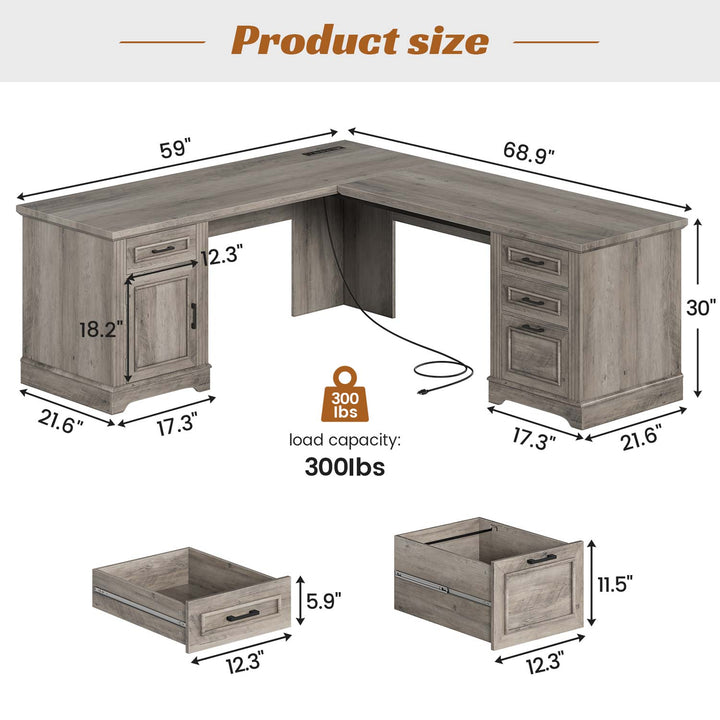 SEDETA® 69 Inch Farmhouse Executive L Shaped Desk Corner Computer Desk with Drawers and Storage Cabinet Power Outlet