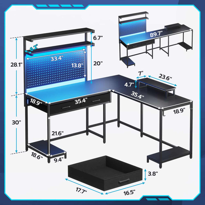 SEDETA L Shaped Gaming Desk with LED Lights Pegboard Drawers and Hutch