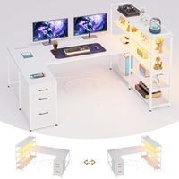 SEDETA 64.5 Inch Reversible Office Computer Desk LED Gaming Desk with Drawer Storage Bookshelf