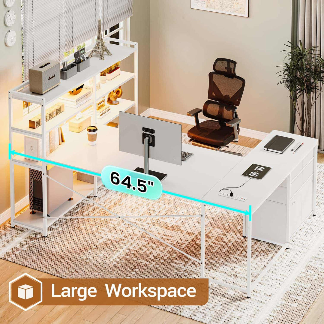 SEDETA 64.5 Inch Reversible Office Computer Desk LED Gaming Desk with Drawer Storage Bookshelf