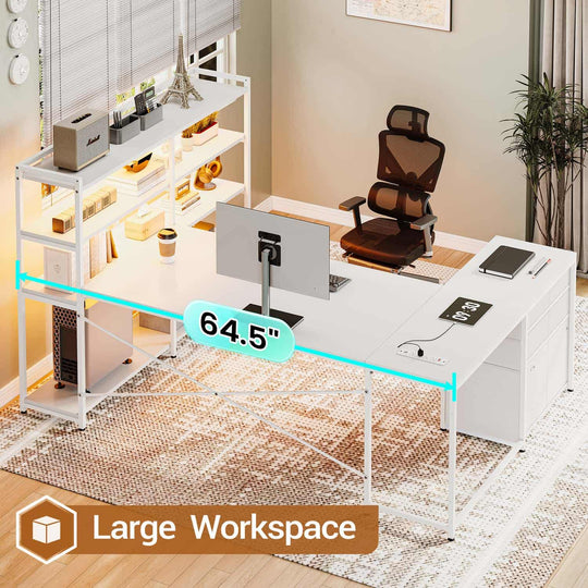 SEDETA 64.5 Inch Reversible Office Computer Desk LED Gaming Desk with Drawer Storage Bookshelf