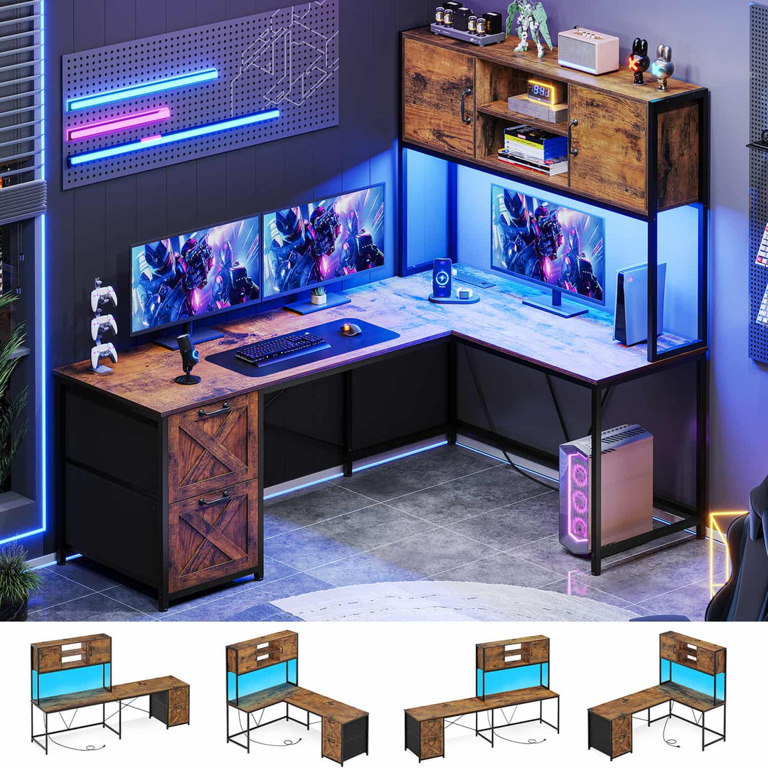 SEDETA 62.2 Inch L Shaped Gaming Desk with Drawers Fabric File Drawers and Power Outlet