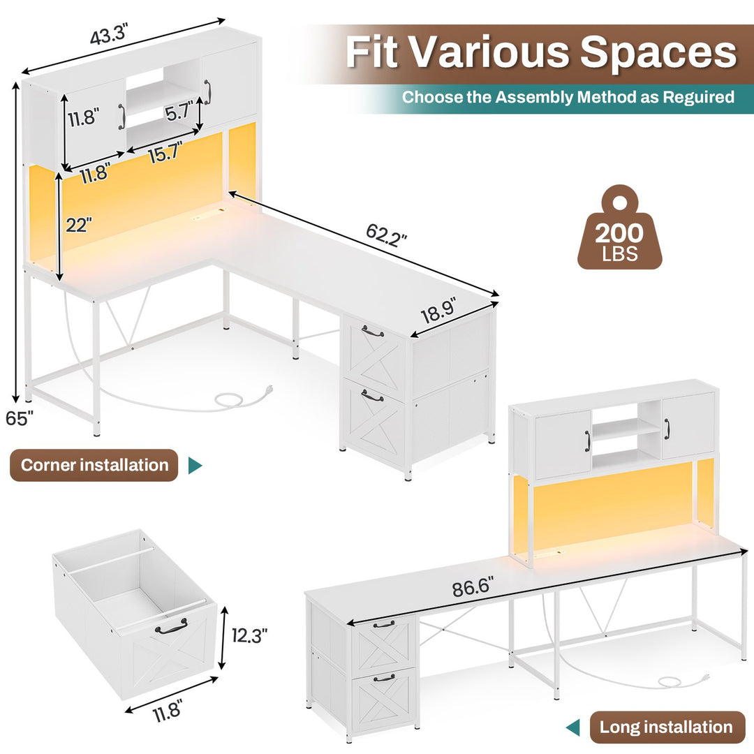 SEDETA 62.2 Inch L Shaped Gaming Desk with Drawers Fabric File Drawers and Power Outlet