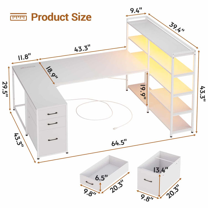 SEDETA 64.5 Inch Reversible Office Computer Desk LED Gaming Desk with Drawer Storage Bookshelf