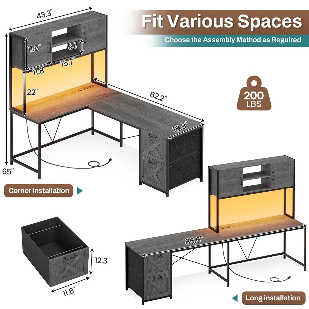 SEDETA 62.2 Inch L Shaped Gaming Desk with Drawers Fabric File Drawers and Power Outlet