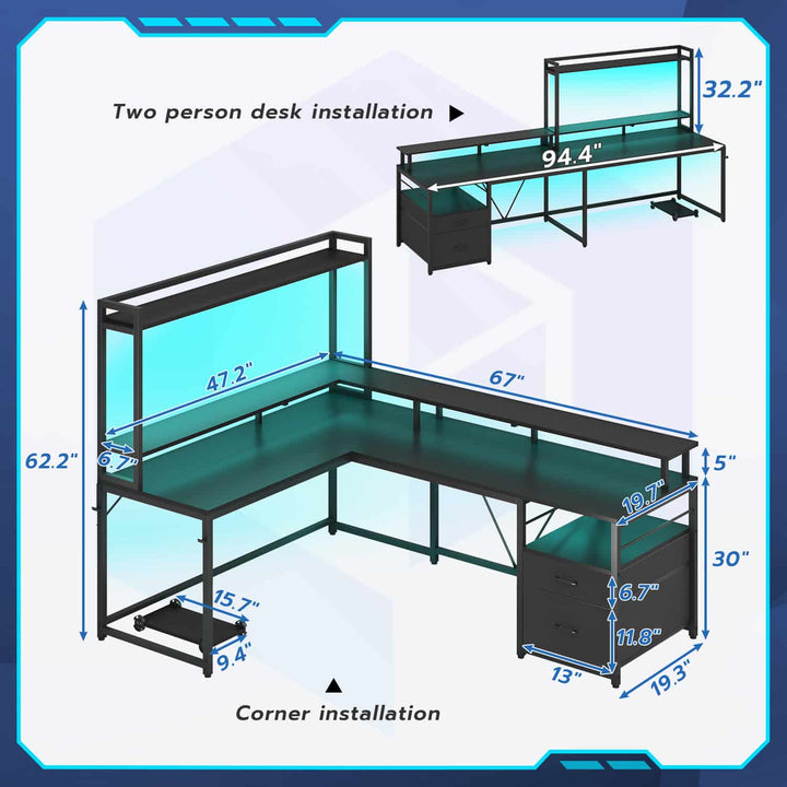 SEDETA 94.4 Inch L Shaped Gaming Desk with File Drawers for Home Office