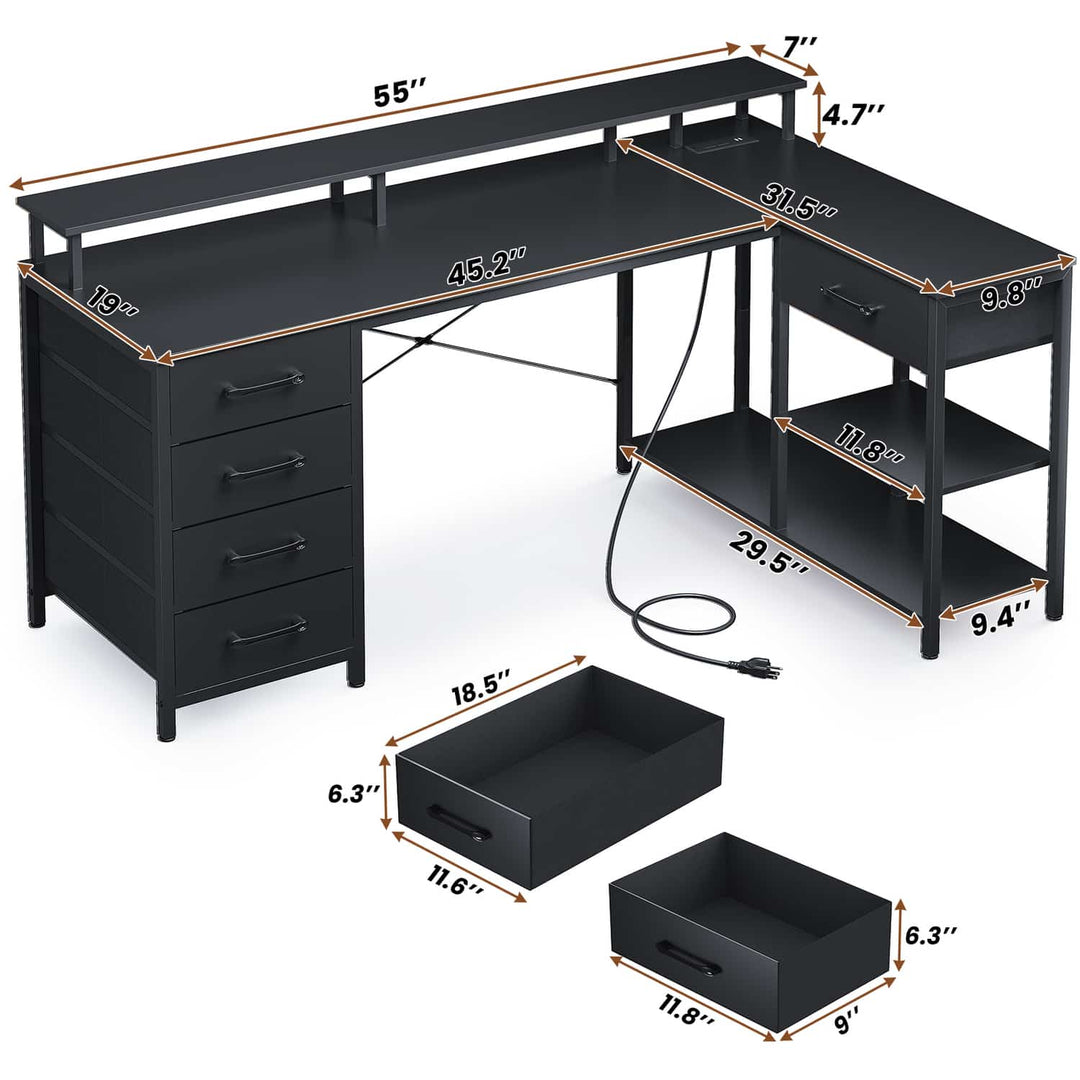 SEDETA L Shaped Gaming Desk with 5 Drawers Computer Desk with Shelves Corner Desk