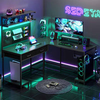 SEDETA L Shaped Gaming Desk with LED Lights Pegboard Drawers and Hutch