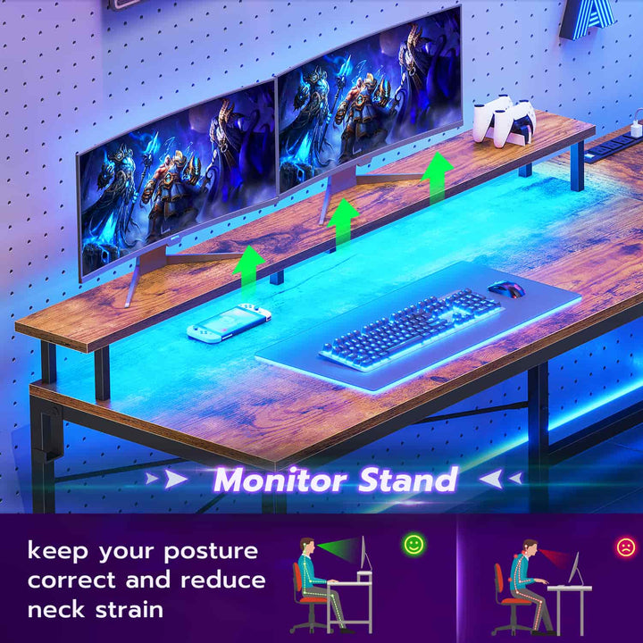 SEDETA 51 Inch L Shaped Gaming Desk with Storage Shelves Power Outlets LED Lights and Monitor Stand