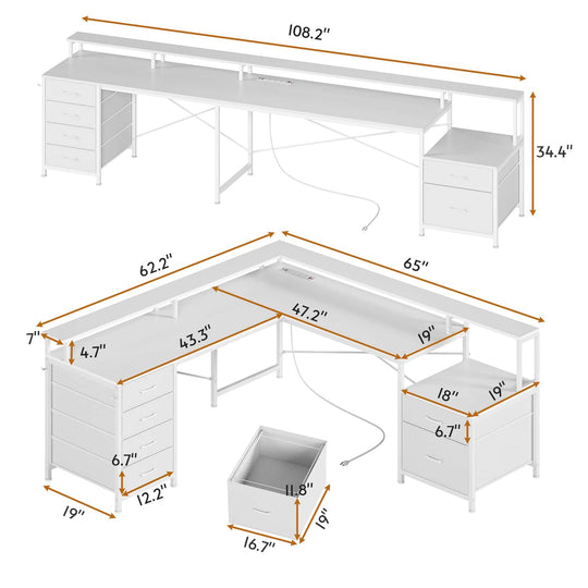 SEDETA 108 Inch L Shaped Gaming Desk Two Person Desk with File Drawer and Power Outlet