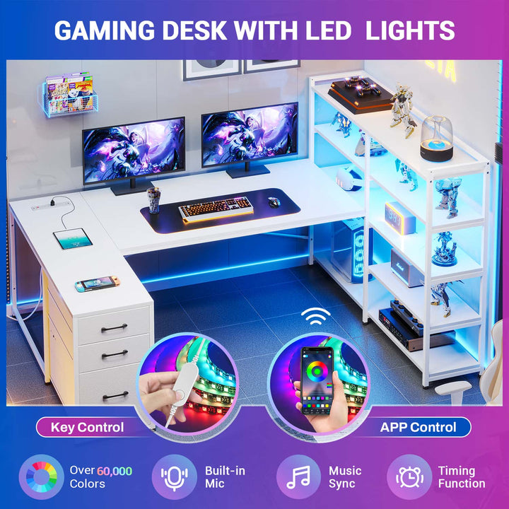 SEDETA 64.5 Inch Reversible Office Computer Desk LED Gaming Desk with Drawer Storage Bookshelf