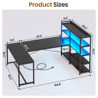 SEDETA® 64.5 Inch LED L Shaped Gaming Desk Reversible Corner Computer Table with Bookshelf