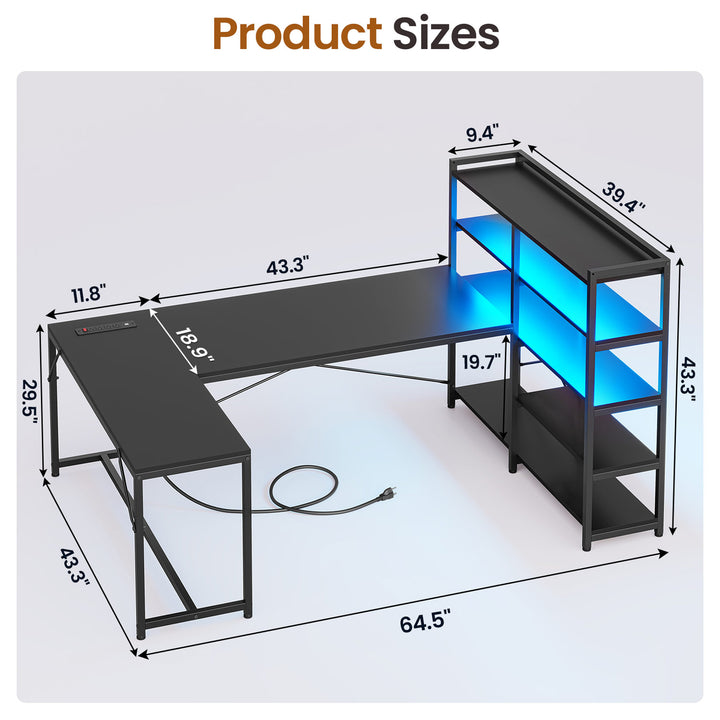 SEDETA® 64.5 Inch LED L Shaped Gaming Desk Reversible Corner Computer Table with Bookshelf