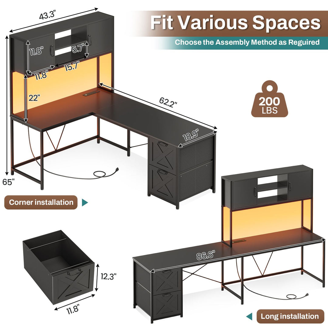 SEDETA 62.2 Inch L Shaped Gaming Desk with Drawers Fabric File Drawers and Power Outlet