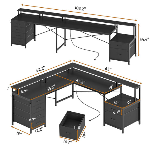 SEDETA 108 Inch L Shaped Gaming Desk Two Person Desk with File Drawer and Power Outlet