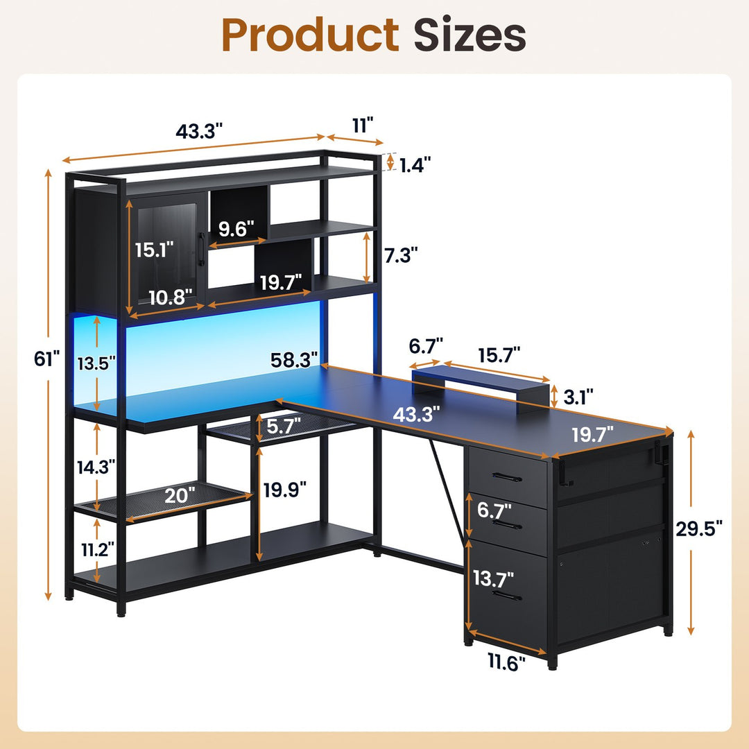 SEDETA 58 Inch L Shaped Computer Desk with Storage Shelves and LED Light for Home Office