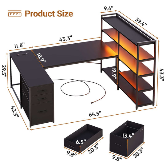 SEDETA 64.5 Inch Reversible Office Computer Desk LED Gaming Desk with Drawer Storage Bookshelf